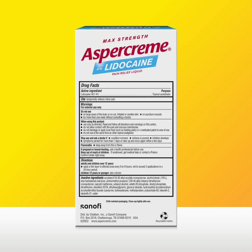 Aspercreme® Lidocaine Fragrance-Free Pain Relief Roll-On products and front and back of product packaging