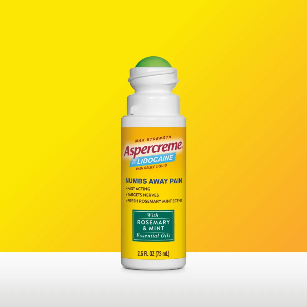 Aspercreme® Lidocaine Pain Relief Roll-On With Essential Oils products. Front and back of packaging and roll-on bottles