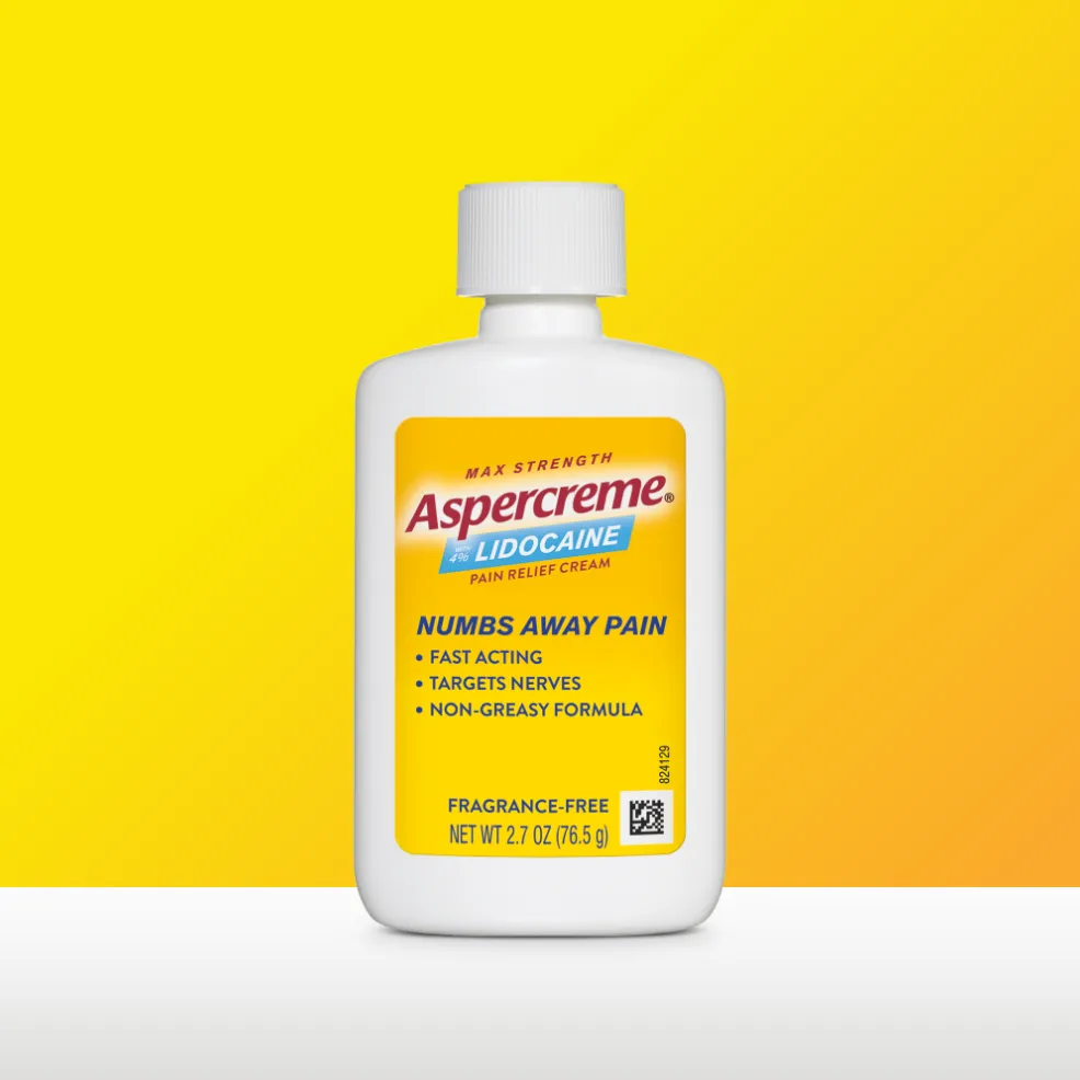 Aspercreme® Pain Relief Cream with Lidocaine products, and front and back of product packaging
