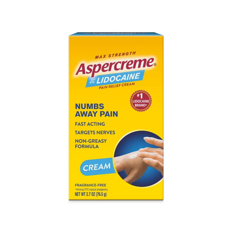 Aspercreme® Pain Relief Cream with Lidocaine products, and front and back of product packaging