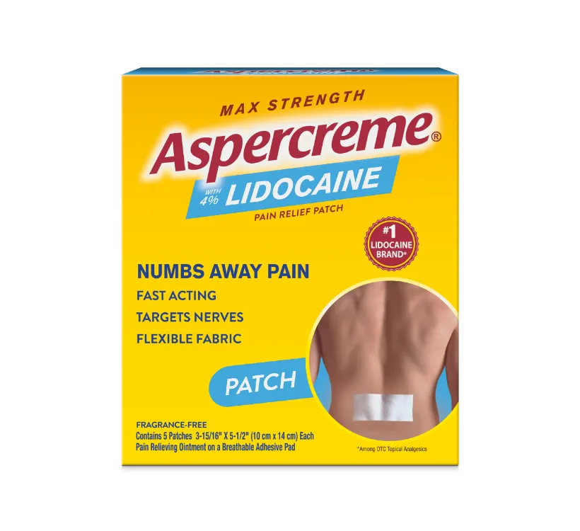 Picture of Aspercreme® Lidocaine Pain Relief Patch box, providing fragrance-free topical relief for minor pains.