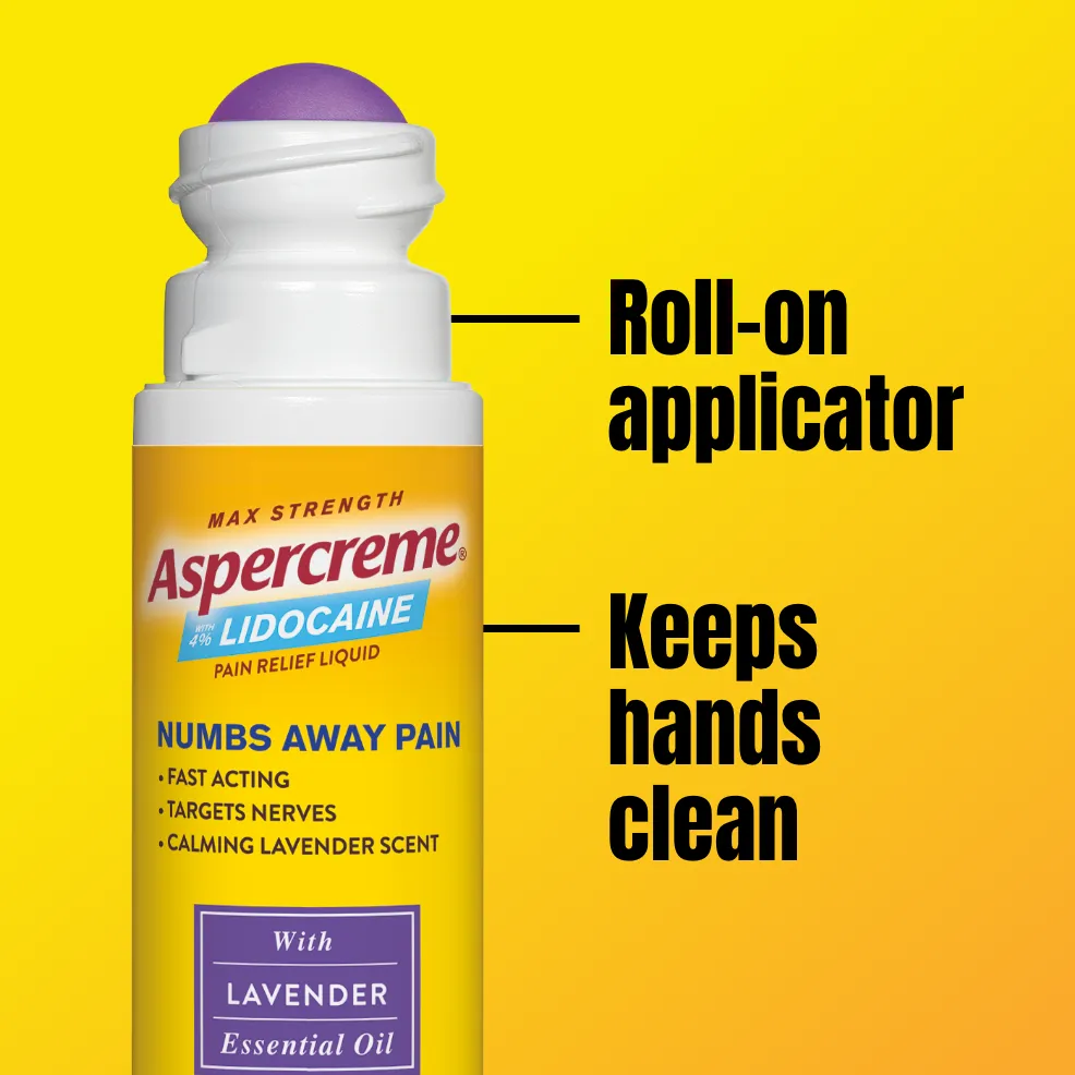 Aspercreme® Lidocaine Pain Relief Roll-On With Essential Oils products. Front and back of packaging and roll-on bottles