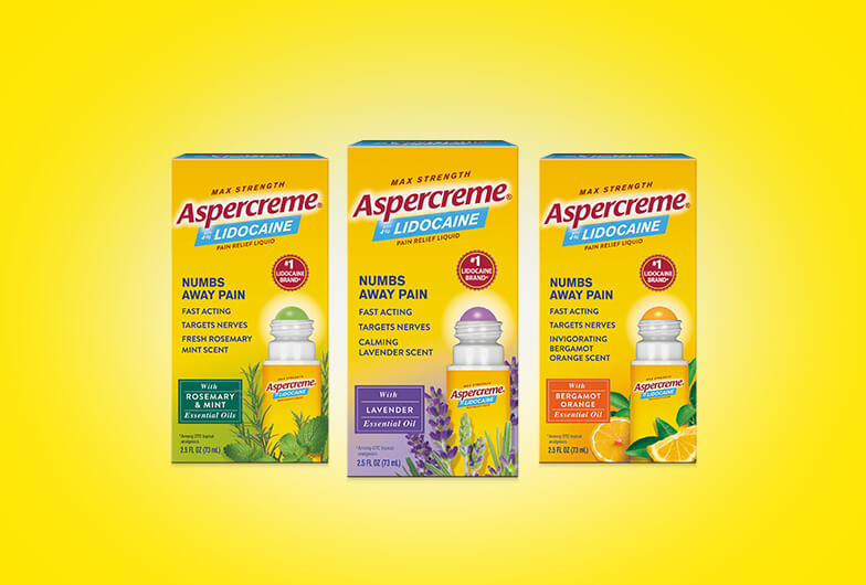 Picture of three Lidocaine No-mess With Essential Oils products in Calming Lavender, Invigorating Bergamot Orange, and Fresh Rosemary scents