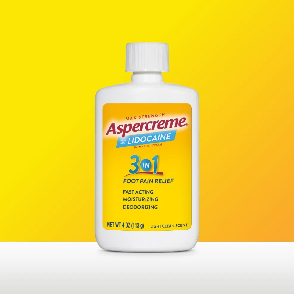 Aspercreme® Lidocaine Pain Relief Cream For Foot Pain products: front and back of product package, and front of the cream bottle