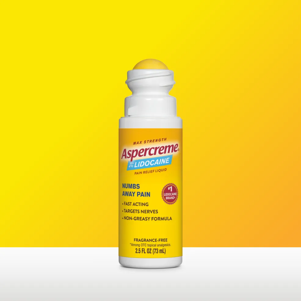 Aspercreme® Lidocaine Fragrance-Free Pain Relief Roll-On products and front and back of product packaging