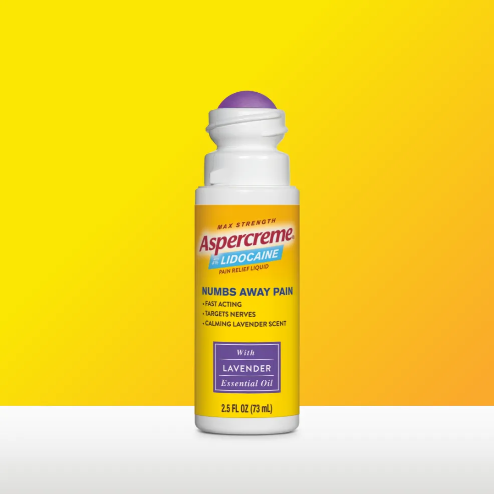 Aspercreme® Lidocaine Pain Relief Roll-On With Essential Oils products. Front and back of packaging and roll-on bottles