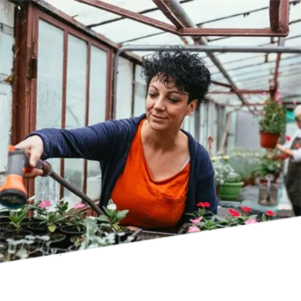 A woman waters her garden.
