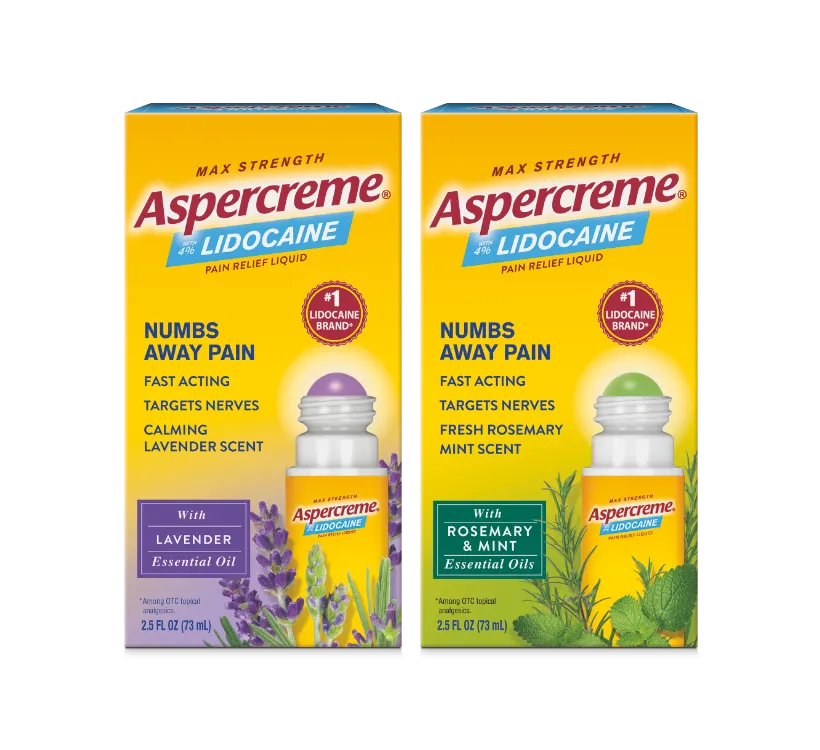 Picture of three Lidocaine No-mess With Essential Oils products in Calming Lavender, Invigorating Bergamot Orange, and Fresh Rosemary scents