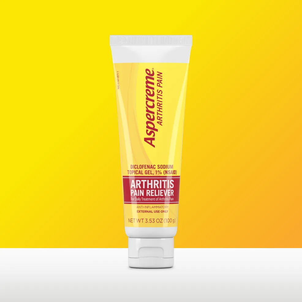 Aspercreme® Arthritis Pain Relief Gel products. Front and back of product packaging and product tube