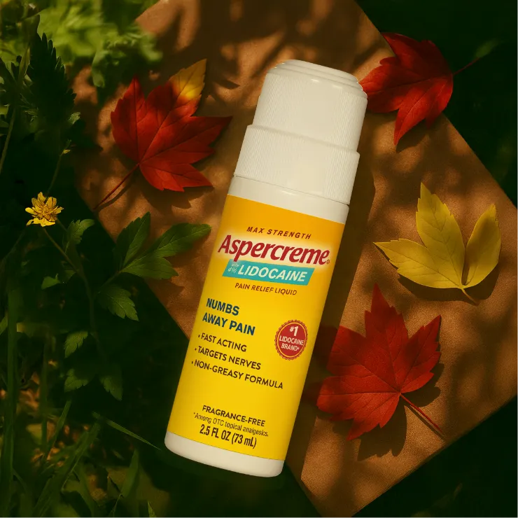 Front of packaging of a best-selling Aspercreme® product: Aspercreme® Lidocaine Fragrance-Free Pain Relief Roll-On in an outdoor setting that features leaves.
